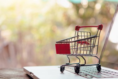 Shopping online concept - Empty shopping cart or trolley on a la