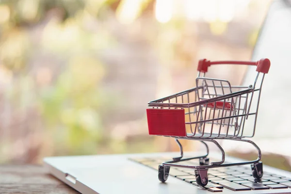 Conceito de compras on-line - Carrinho de compras vazio ou carrinho em um la — Fotografia de Stock