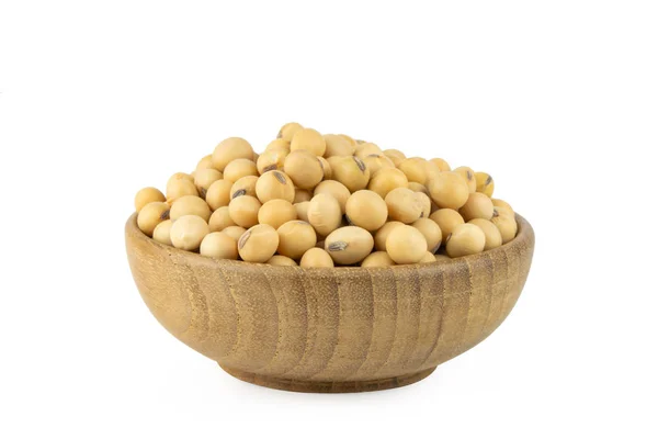 Haricots de soja dans un bol en bois isolé sur fond blanc avec clippin — Photo