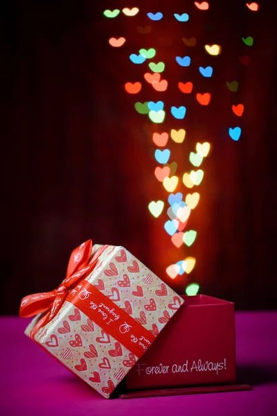 Gift Box Open Shaped Heart Defocused Bokeh Colorful Lights Heart — Stock Photo, Image