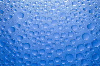 Water drops blue background. Water drops on glass background