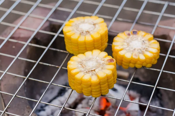 Cooking several fresh yellow brown golden corn cobs