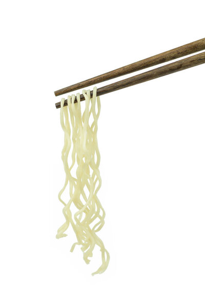 chopsticks holding oriental noodles isolated on a white background