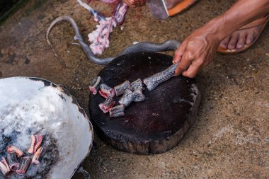 Dilimlenmiş, egzotik bir menü. Açık mutfak tabağında yılan var.