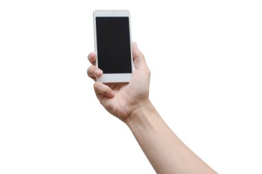 Beyaz akıllı telefonu tutan adam kırpma yolu olan beyazda izole edilmiş..