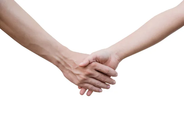 Άνδρας Και Γυναίκα Σφίγγουν Χέρι Απομονωμένοι Στο Λευκό Μονοπάτι Του — Φωτογραφία Αρχείου