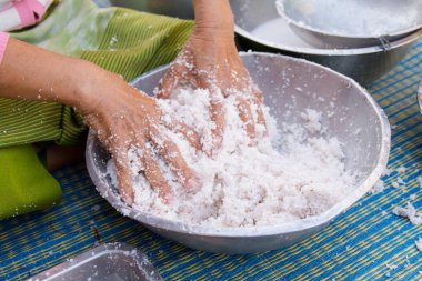 Kadın elleri hindistan cevizi sütü yapıyor. Pişirmek için taze hindistan cevizi eti. 