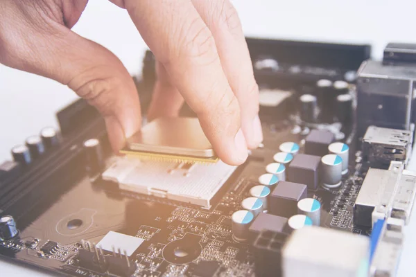 Técnico Que Instala Microprocessador Microplaqueta Cpu Tomada Placa Mãe — Fotografia de Stock