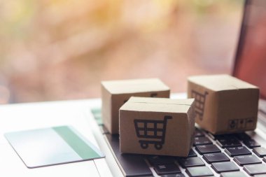 İnternetten alışveriş, kağıt kutular ya da klavyede alışveriş arabası logosu ve kredi kartı olan bir paket. İnternet üzerinden alışveriş hizmeti sunuyor..