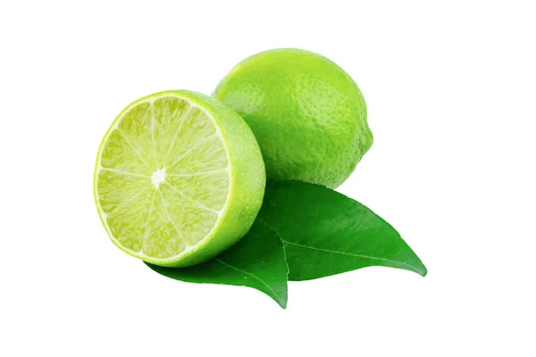 Lime Slices Half Leaves Isolated White Background 绿色柑橘类水果 带有裁剪路径 — 图库照片