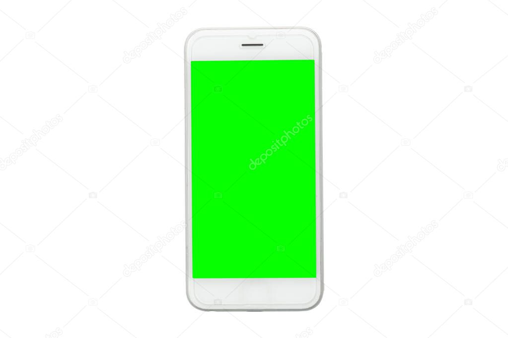 White smartphone mockup green screen isolated on white background with cliping path 