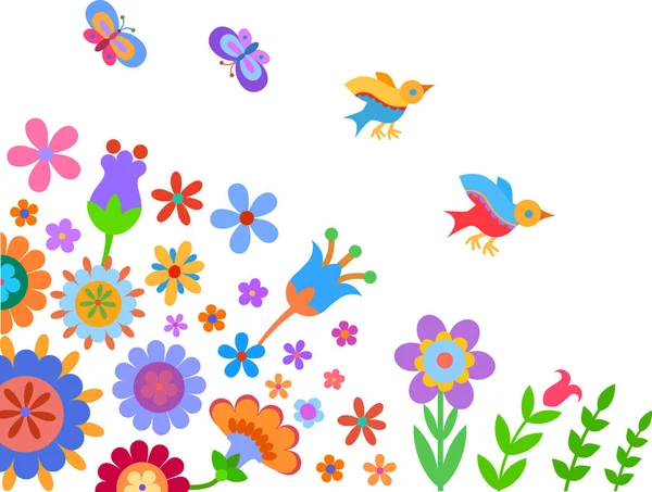 Πολύχρωμα λουλούδια, πουλιά και πεταλούδες — Διανυσματικό Αρχείο