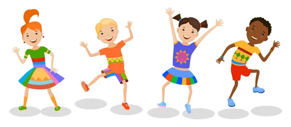 Bailando Niños en ropa colorida — Vector de stock