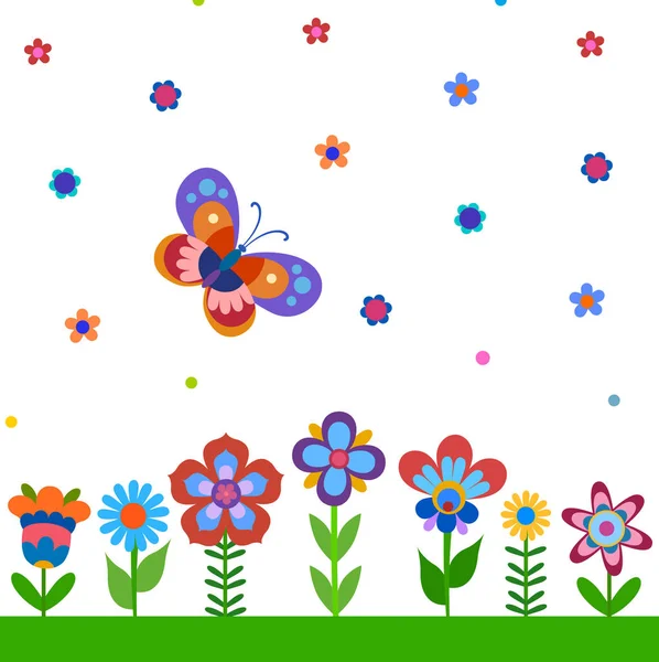 Coloridas flores lindas y mariposa — Vector de stock