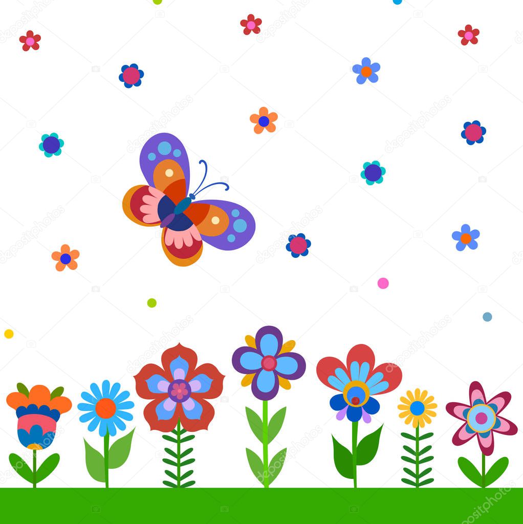 Colorful cute flowers and butterfly