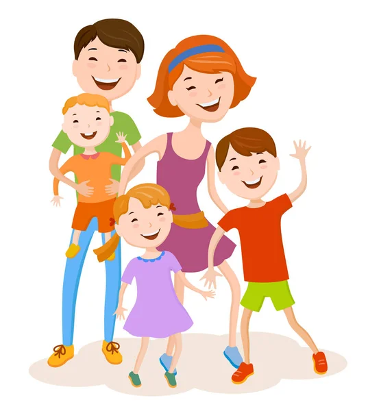 Cheerful cartoon family in colorful clothes — Stock Vector