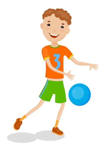 Garçon dessin animé jouer avec boule bleue — Image vectorielle