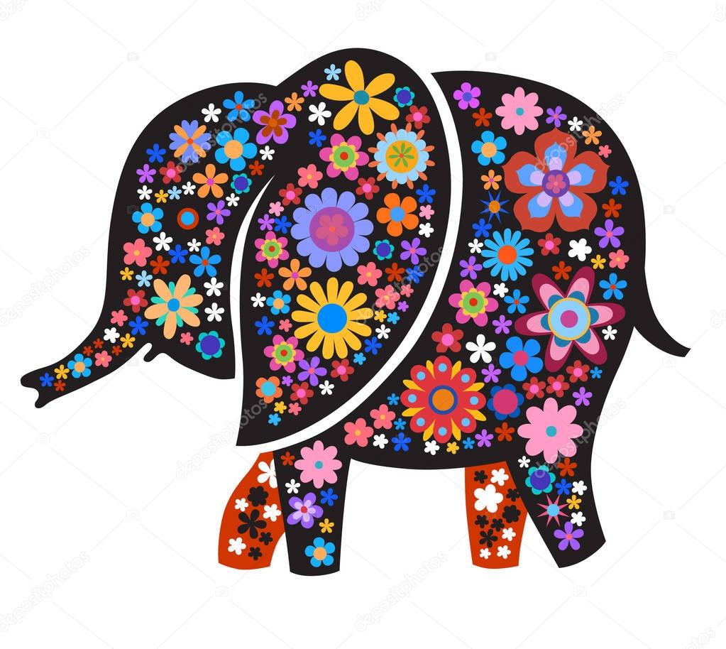 elephant with colorful flowers