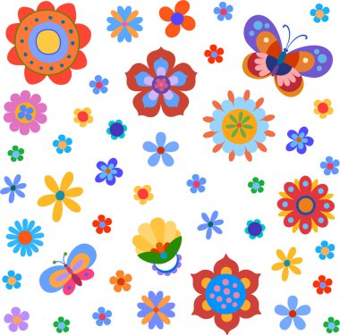 renkli çiçekler ve kelebekler