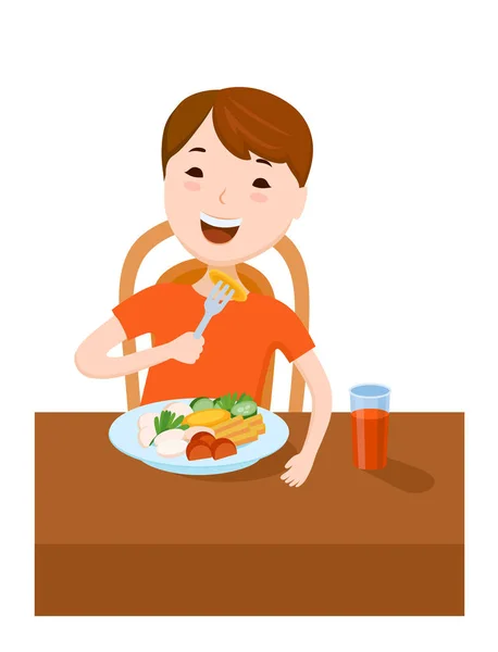 Kleiner Junge isst am Tisch — Stockvektor