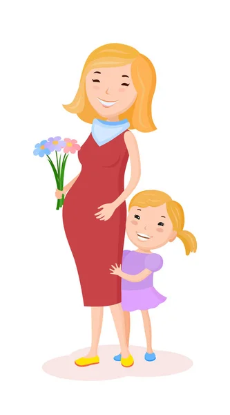 Gravid kvinna i vinröd klänning med dotter — Stock vektor