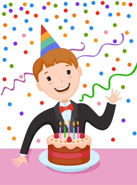 Desenho animado menino comemorando aniversário — Vetor de Stock