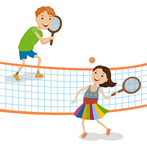 Enfants dessin animé jouant au tennis — Image vectorielle