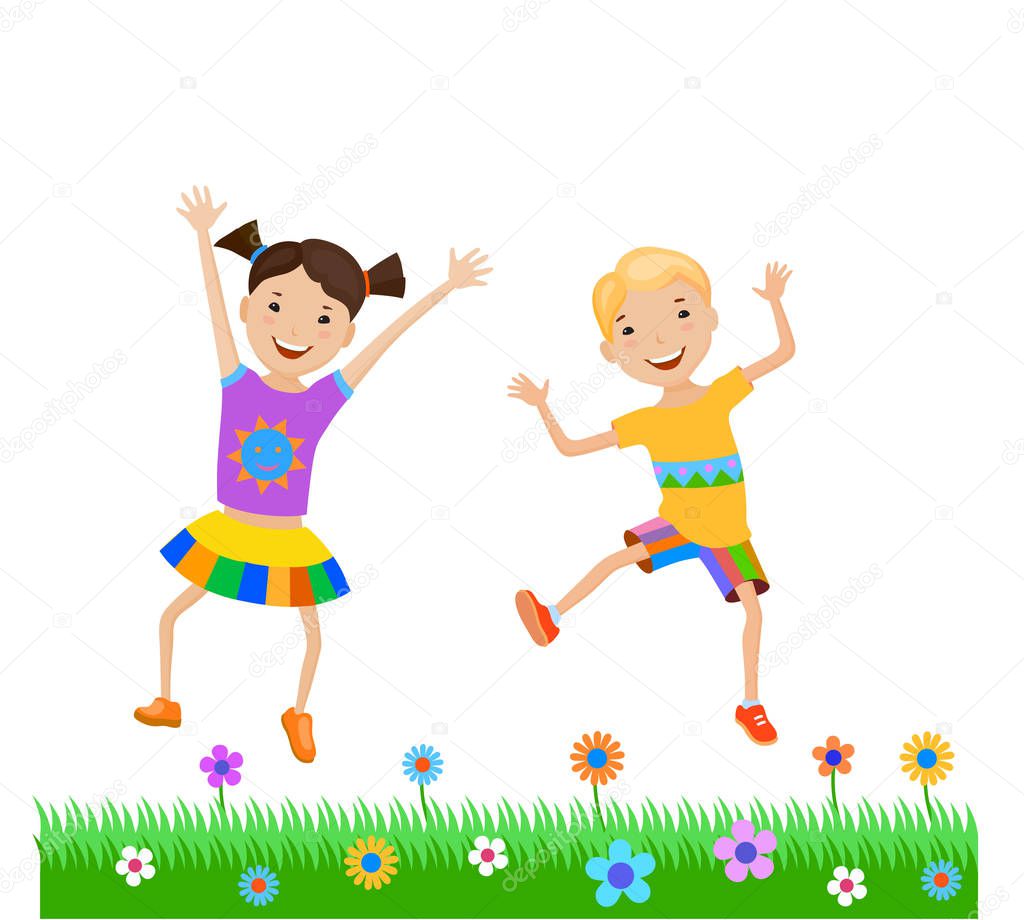 cartoon kids dancing in colorful clothes