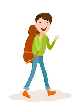 Çizgi film genç adam sırt çantası ile