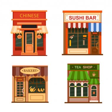 Düz restoranlar ve mağazalar Icons set