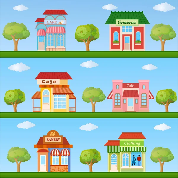 Stores and cafe buildings icons set — Stock Vector