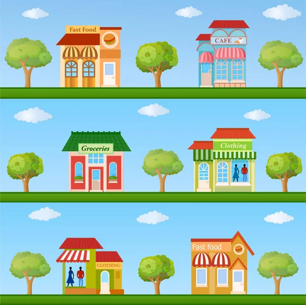 Stores and cafe buildings icons set — Stock Vector