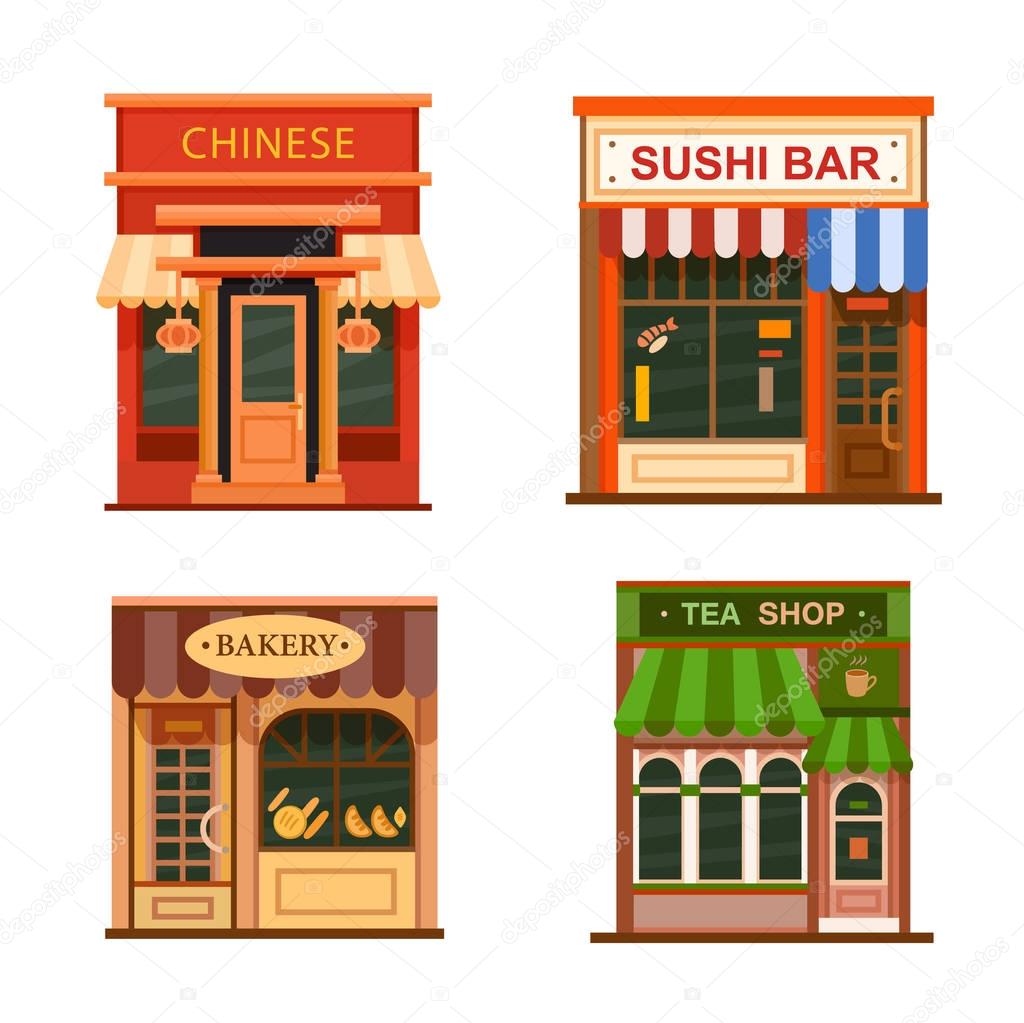 Flat restaurants and shops icons set