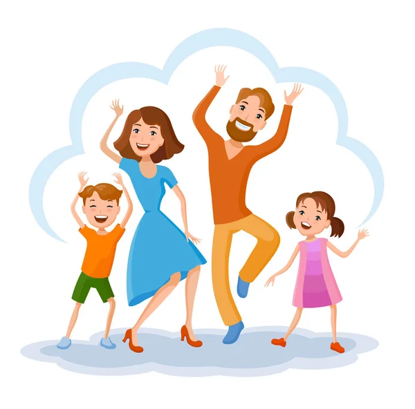 Dibujos animados familia bailando en ropa colorida — Vector de stock