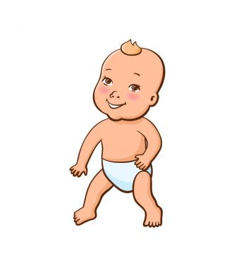 Şirin bebek. Bir yaşında çocuklar. Çocuk yürüyor ve onun neşeli bir ifadedir. Beyaz izole renkli yarım yamalak vektör