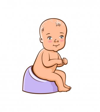 Şirin bebek. Bir yaşındaki çocuk. Çocuk bir lazımlık üzerinde oturuyor. Beyaz arka plan üzerinde izole renkli resimde vektör