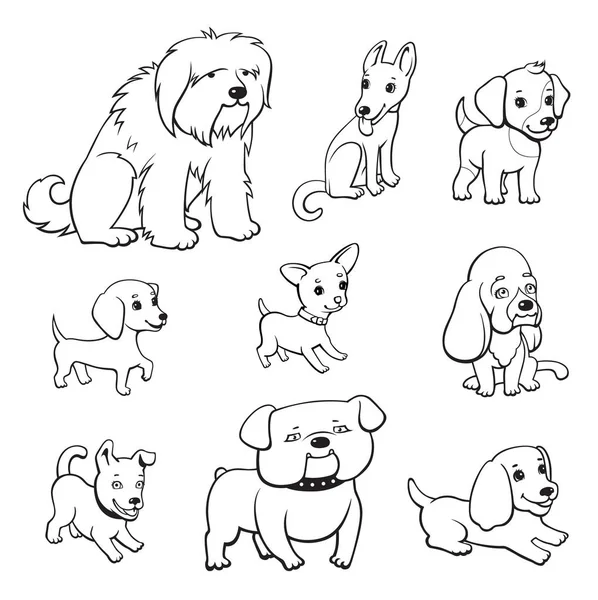 Desenhos Animados Estilo Cães Set Cães Adultos Cachorros Raças Diferentes — Vetor de Stock
