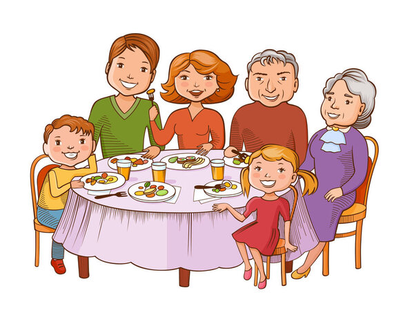 Fun colorful graphic style cartoon family dined at the table. Father, mother, grandmother, granddad and children are sitting in a restaurant