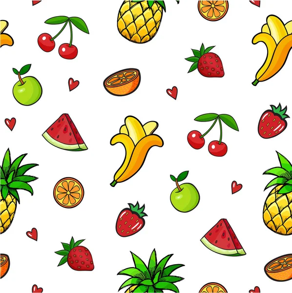 Seamless Background Fruit Patch Badges Pineapple Apple Orange Banana Watermelon — Stock Vector