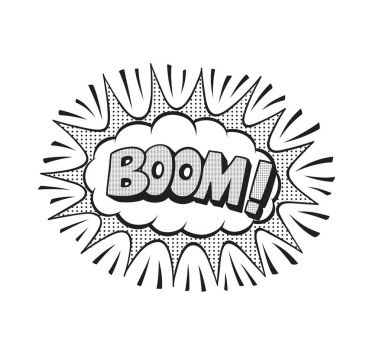 Boom, Word'de konuşma balonu yama rozeti. Çizgi roman tarzı vektör etiket, PIN, karikatür 80s 90s çizgi roman tarzı içinde yama