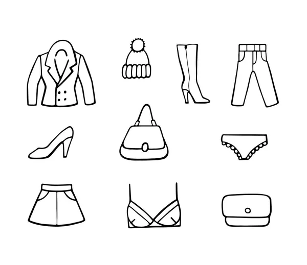 Ręcznie Rysowane Zbiór Ikony Mody Wygląd Książki Modne Ubrania Buty — Wektor stockowy