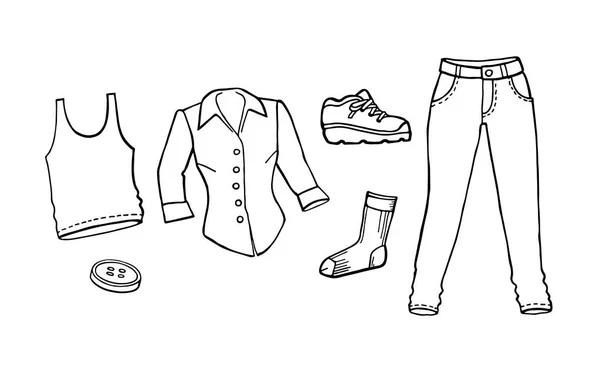 Collection Dessinée Main Icônes Mode Look Book Trendy Vêtements Chaussures — Image vectorielle
