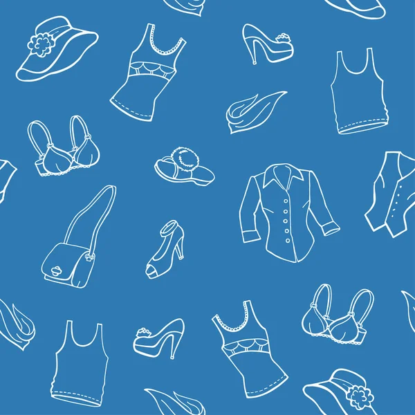 Fondo Azul Sin Costuras Con Iconos Moda Blanca Ropa Zapatos — Archivo Imágenes Vectoriales