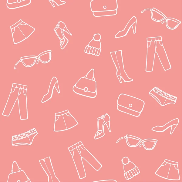 Fondo Rosa Con Iconos Moda Ropa Zapatos Accesorios Moda — Archivo Imágenes Vectoriales