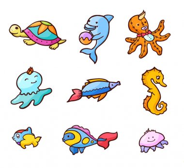 Deniz hayvanları olan çocuklar için yaz sevimli çizgi çıkartmaları ile arka plan. Bir deniz sakinleri. Çizgi roman tarzı vektör etiketleri, iğne, yamalar