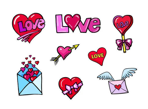 Set Insignias Parche Moda Corazones Amor Otros Elementos Pegatinas Vectores — Vector de stock