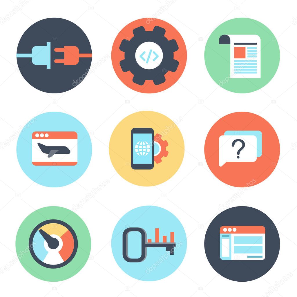 Search Engine Optimization internet marketing icons in flat colorful style