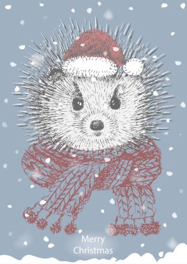 Noel kartı, bir kirpi bir eşarp ve Noel şapka