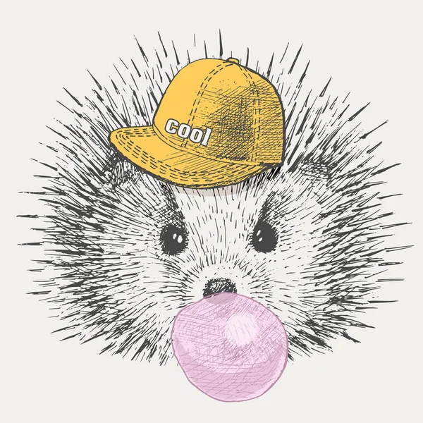 Cute hedgehog in the cap inflates chewing bubble — Stock Vector