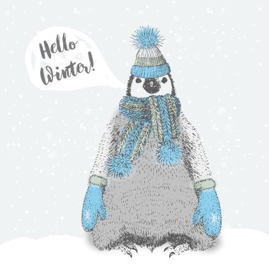 Sevimli kabarık penguen örme eşarp, eldiven ve şapka